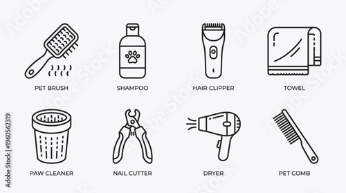 Pet grooming icons set: brush, shampoo, clipper, towel, container, nail clippers, dryer, comb