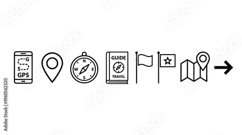 Travel navigation icons: map, pin, compass, route, flag, guidebook, folded map, arrow.