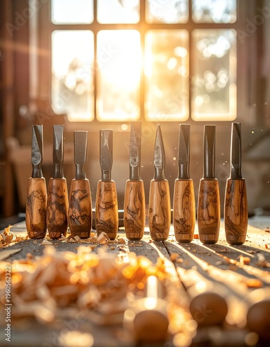 Woodworking chisels lined up on a workbench bathed in golden hour sunlight.
