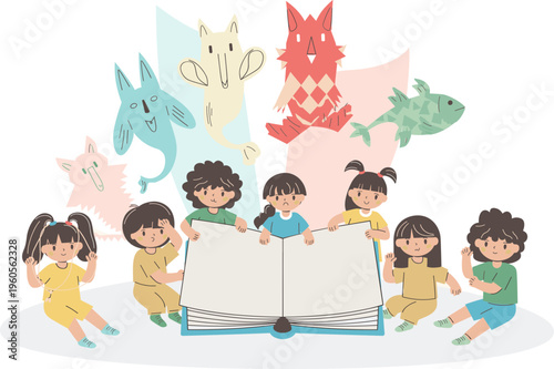 Kids Reading Together Illustration