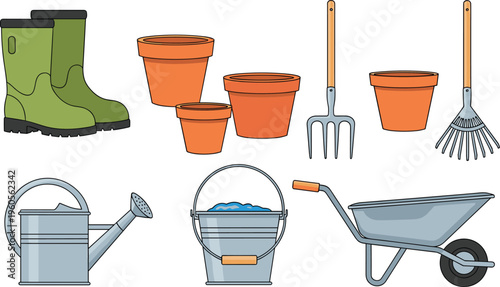 Gardening Tools and Equipment Icon Set Featuring Boots, Flower Pots, Rake, Fork, Watering Can, Bucket and Wheelbarrow Isolated on White Background for Garden Design Projects
