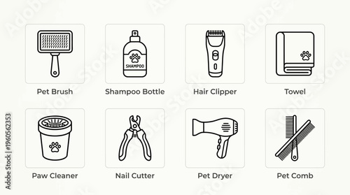 Pet grooming icons set: brush, shampoo, clipper, towel, container, nail clippers, dryer, comb