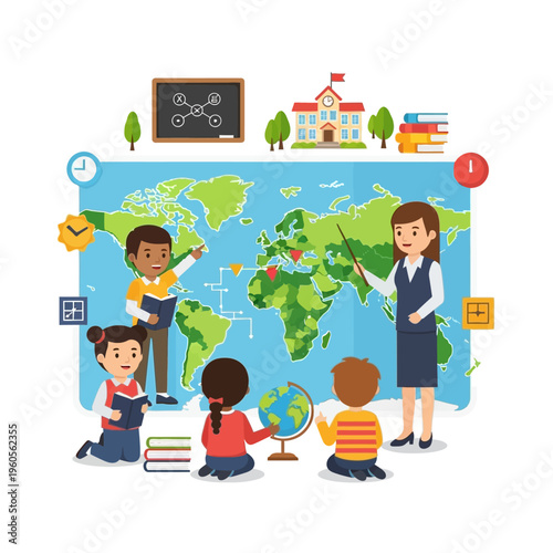 Children Learning Geography on World Map with Teacher and School Elements
