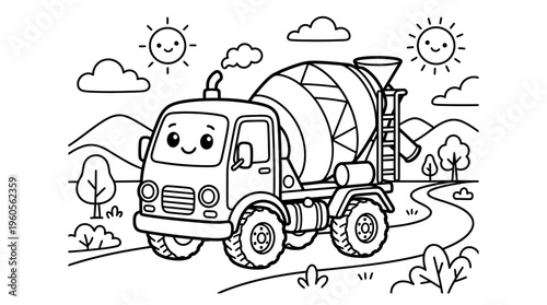 Cement mixer truck with smiling face.