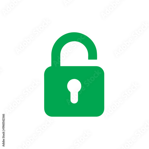 Bright green open padlock icon symbolizes security access and freedom on a white background.