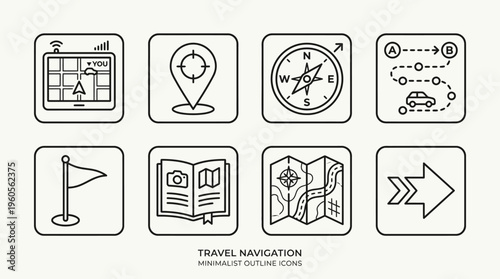 Travel navigation icons: map, pin, compass, route, flag, guidebook, folded map, arrow.
