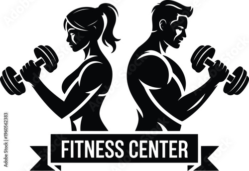 Monochrome silhouettes of a man and woman holding dumbbells for a fitness studio logo