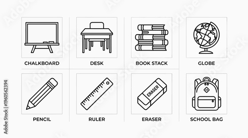 School icons set: chalkboard, desk, books, globe, pencil, ruler, eraser, backpack