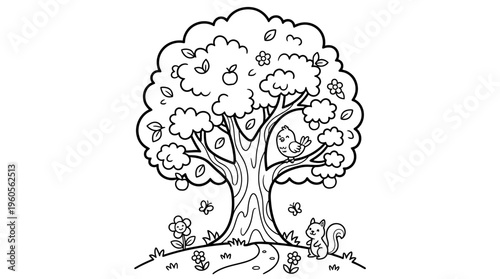 Tree with squirrel and flowers growing.