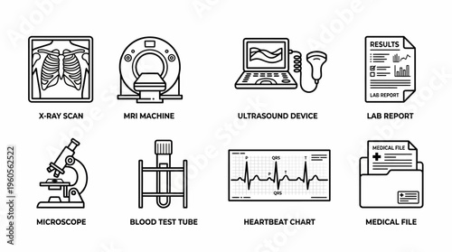 Medical diagnostic icons: X-ray, MRI, ultrasound, report, microscope, blood test, ECG, file.