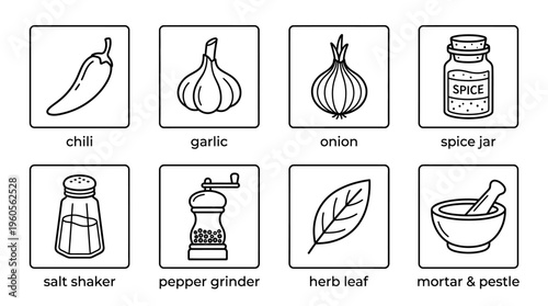 Kitchen icons: chili, garlic, onion, spice jar, salt, pepper, leaves, mortar.