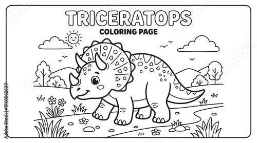 Triceratops dinosaur coloring page illustration.