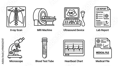 Medical diagnostic icons: X-ray, MRI, ultrasound, report, microscope, blood test, ECG, file.