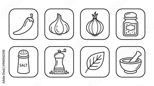 Kitchen icons: chili, garlic, onion, spice jar, salt, pepper, leaves, mortar.