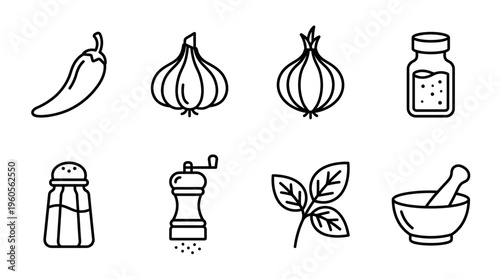 Kitchen icons: chili, garlic, onion, spice jar, salt, pepper, leaves, mortar.
