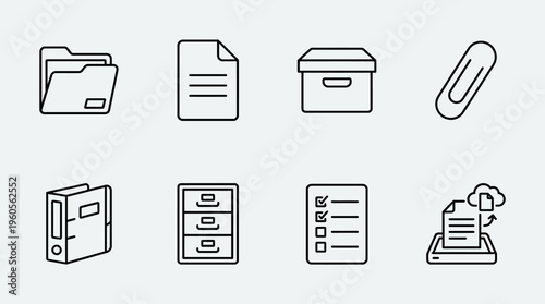 Minimal office icons set: folder, document, archive, binder, checklist, scan, cabinet, clip