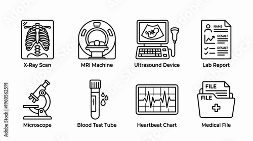 Medical diagnostic icons: X-ray, MRI, ultrasound, report, microscope, blood test, ECG, file.
