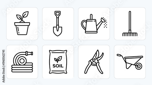 Gardening icons: rake, hose, plant, trowel, soil, watering can, shears, wheelbarrow.