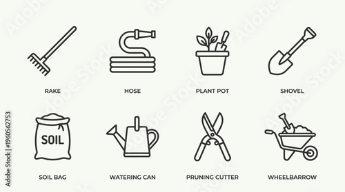 Gardening icons: rake, hose, plant, trowel, soil, watering can, shears, wheelbarrow.