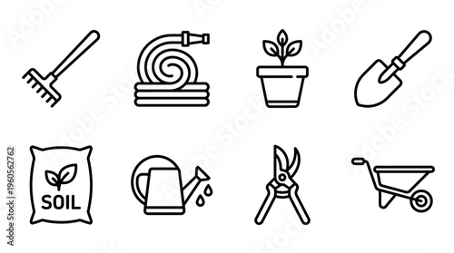 Gardening icons: rake, hose, plant, trowel, soil, watering can, shears, wheelbarrow.