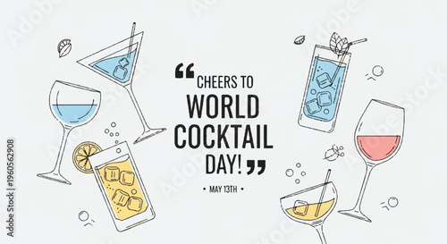 Cocktail glasses and bottles celebrate world cocktail day with refreshing drinks and cheerful vibes