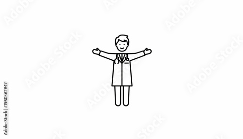 Minimalist black outline drawing of a friendly medical professional with open arms offering care