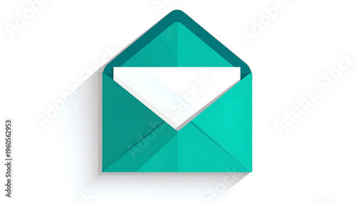Turquoise envelope with white paper inside open design and long soft shadow