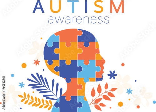 A colorful illustration promoting autism awareness with a puzzle piece design