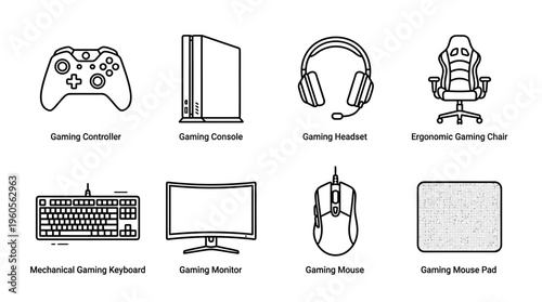 Gaming setup icons: controller, console, headset, chair, keyboard, monitor, mouse, pad.