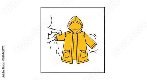 Helping a child don a vibrant yellow hooded raincoat for weather protection and daily routine