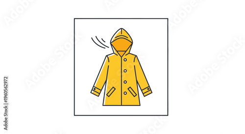 Simple Yellow Raincoat Illustration with Hood and Wind Movement Indicator for Weather Gear