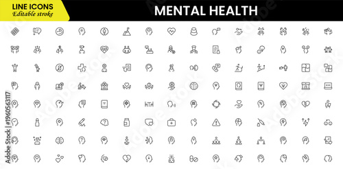 Mental Health Line Editable Icons set. Vector illustration in modern thin line style of medical icons: components of a healthy lifestyle and mental balance.