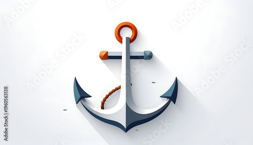 Vector nautical anchor illustration with orange and blue accents on white backdrop
