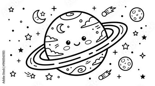 Smiling Cartoon Planet with Ring System.