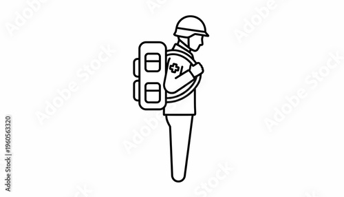 Minimalist line icon of a military medic or emergency responder with a helmet and backpack