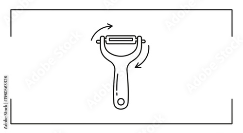 Modern line art icon depicting a swiveling kitchen peeler utensil for efficient food preparation
