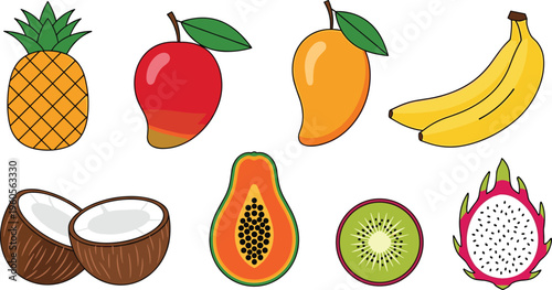 Tropical Fruit Vector Set Featuring Pineapple, Apple, Mango, Banana, Coconut, Papaya, Kiwi and Dragon Fruit Isolated on White Background for Healthy Food Design