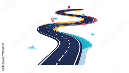 Winding road with location pins illustration in flat design style with blue color