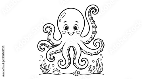 Smiling cartoon octopus with tentacles.