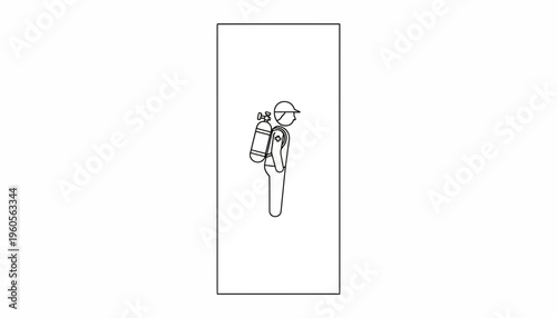 Minimalist black outline vector of a healthcare worker with oxygen tank and medical cross symbol