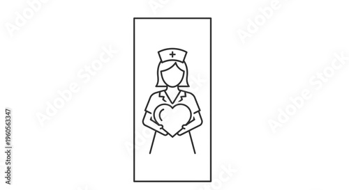 Minimalist Line Art Illustration of a Compassionate Nurse Holding a Heart Symbolizing Care