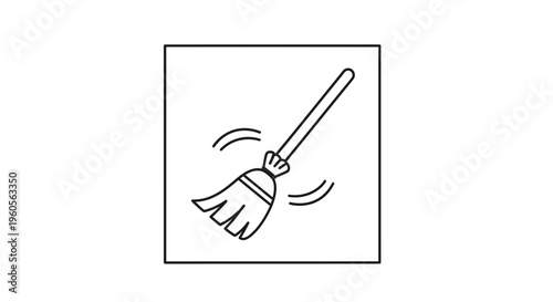 Cleanliness symbol featuring an active sweeping broom in a simple graphic illustration style