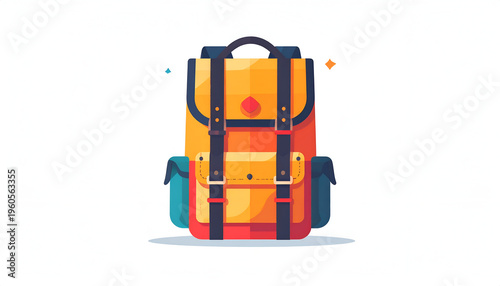 Yellow hiking backpack illustration with blue side pockets on white background