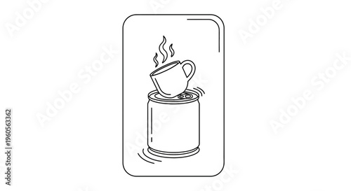 Minimalist monochrome line art depicting a steaming cup balanced on a vibrating beverage can concept