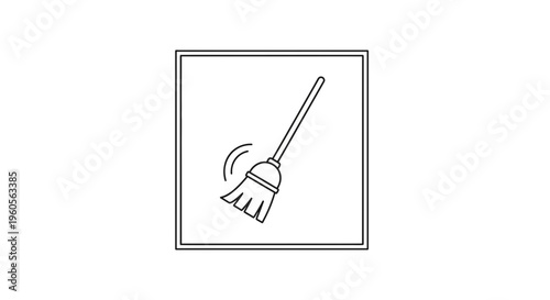 Minimalist black line art illustration of a sweeping broom inside a square frame representing
