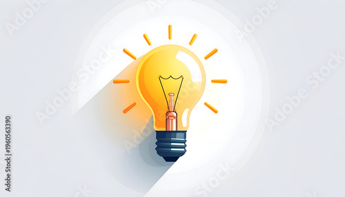 Yellow lightbulb with shining rays illustration on white background; creative idea