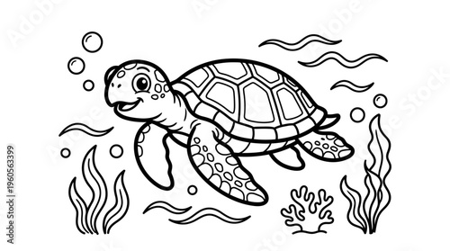 Turtle swimming underwater with seaweed.