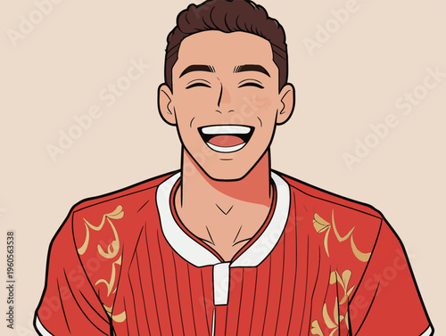 Young man smiling in sports jersey with a cheerful expression in a simple setting during daytime