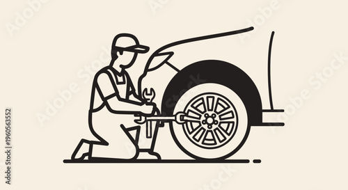 Man Changing Car Tire Illustration.
