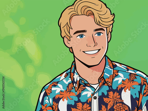 Young man wearing a colorful shirt smiles against a bright green background during a casual moment